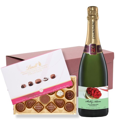 Personalised Champagne - Birthday Cake Label and Lindt Master Chocolatier Hamper – Premium Gift